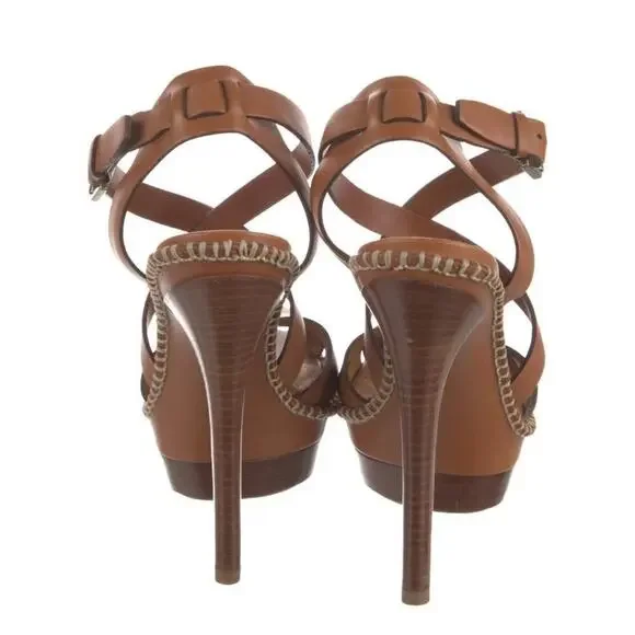 Ralph Lauren Collection Platform Sandal Cognac Brown Leather High Heels Jodene 8 - Picture 4 of 5